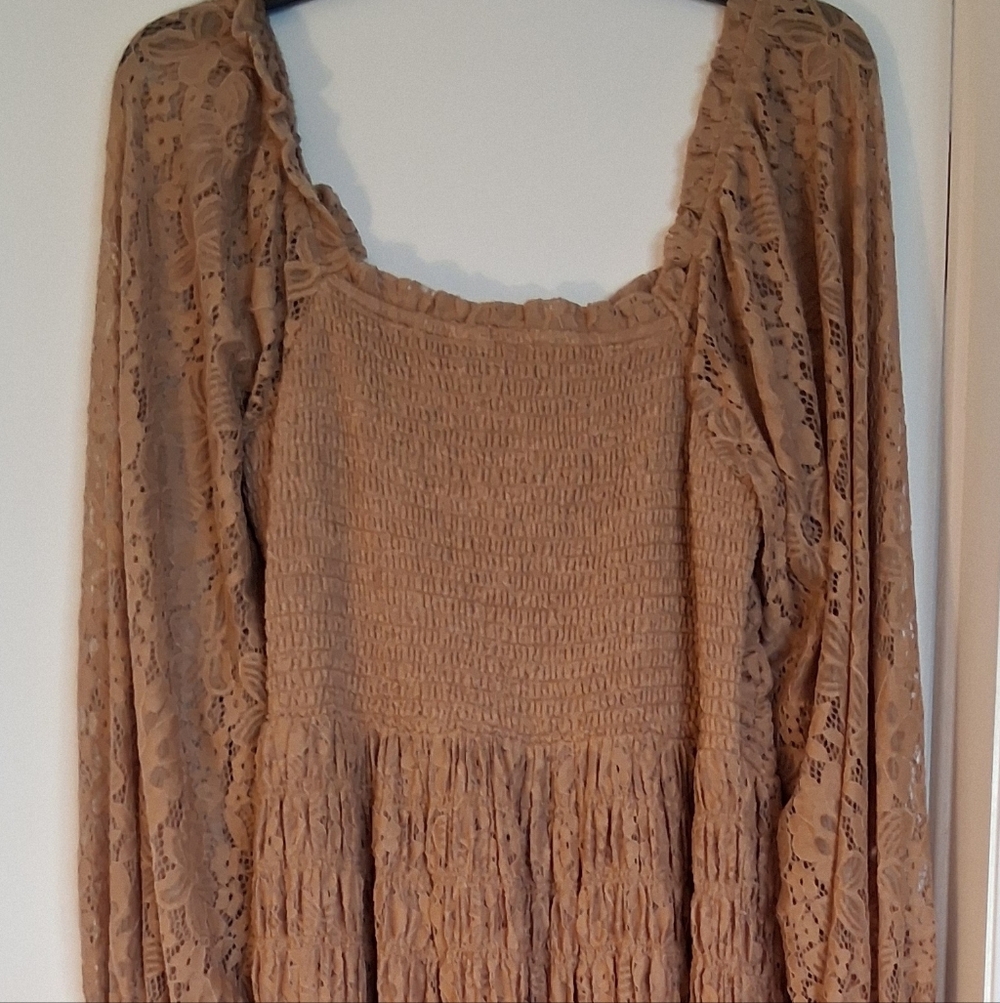 Listicle Long Sleeve Lace Dress in Tan
